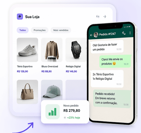 Prévia de catálogo online com produtos e pedido pelo WhatsApp